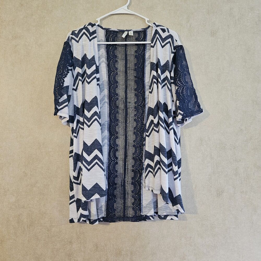 Womens XL Navy White Chevron Lace Open Front Kimono Cardigan Boho Cover Up